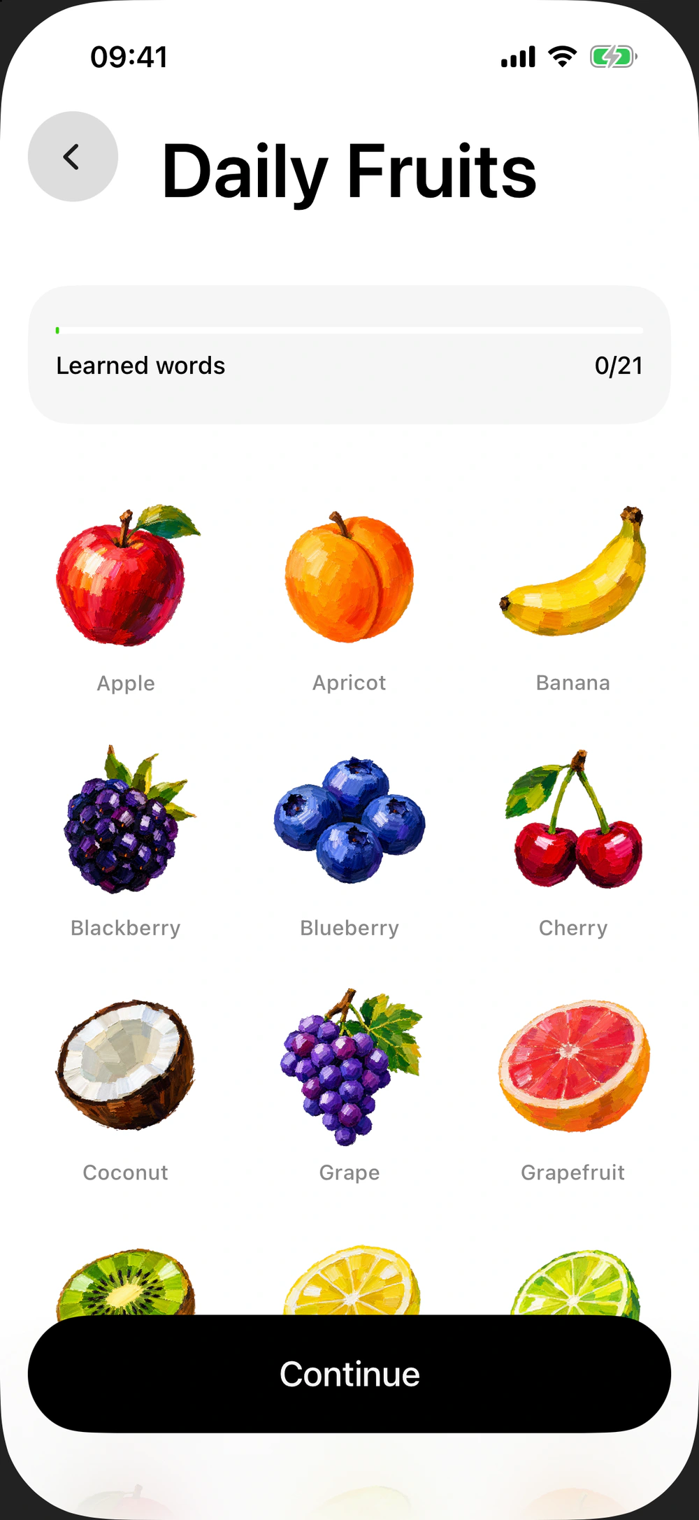 A deck: its name, a learned-words bar, every word three across